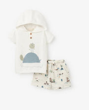 Pond Friends Hooded Pullover + Organic Muslin Short Set Elegant BABY 9-12M 