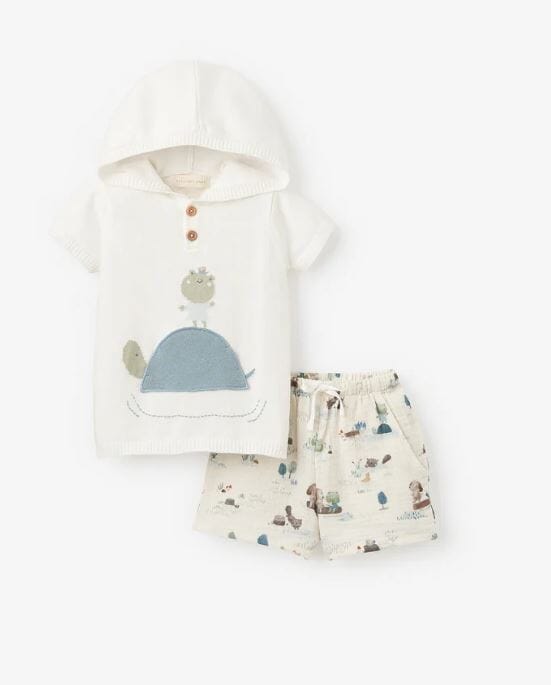 Pond Friends Hooded Pullover + Organic Muslin Short Set Elegant BABY 9-12M 